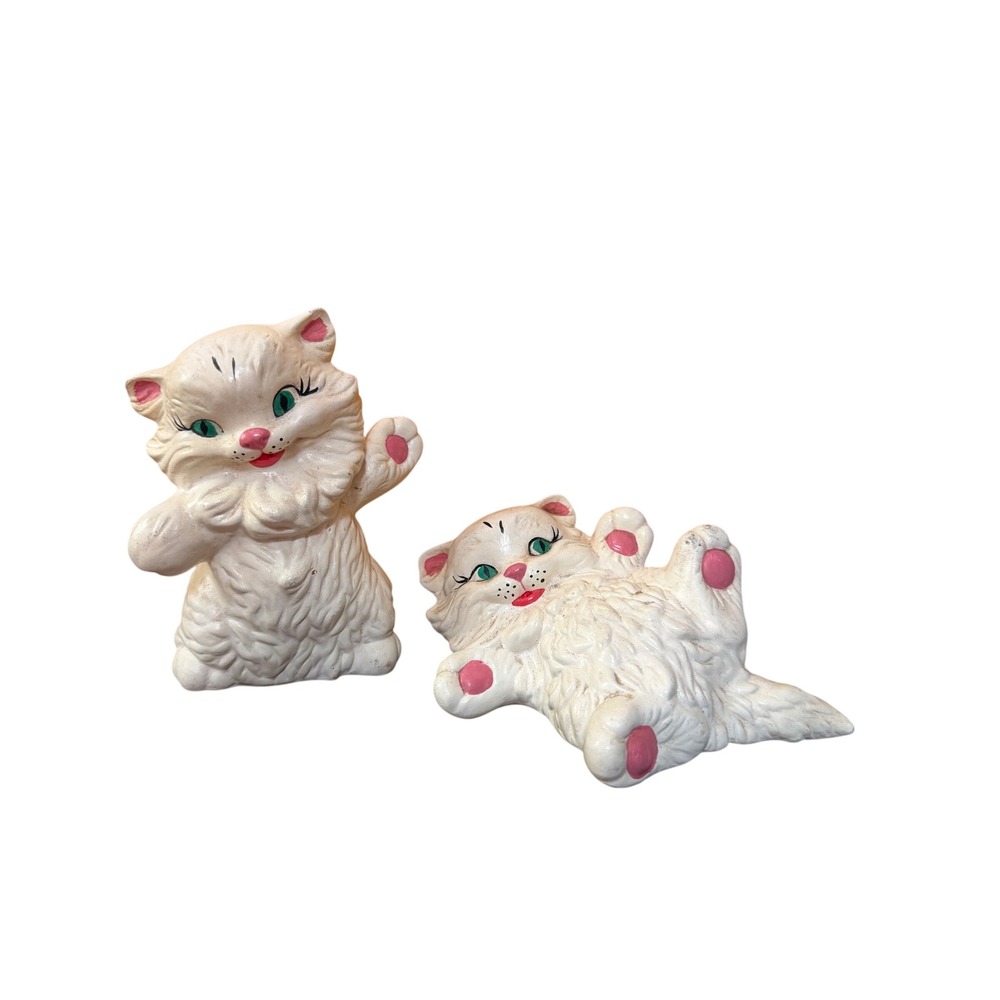 Vintage Kimmy Ceramic Kitten Figurines Set of 2 White Fluffy Cats Green Eyes